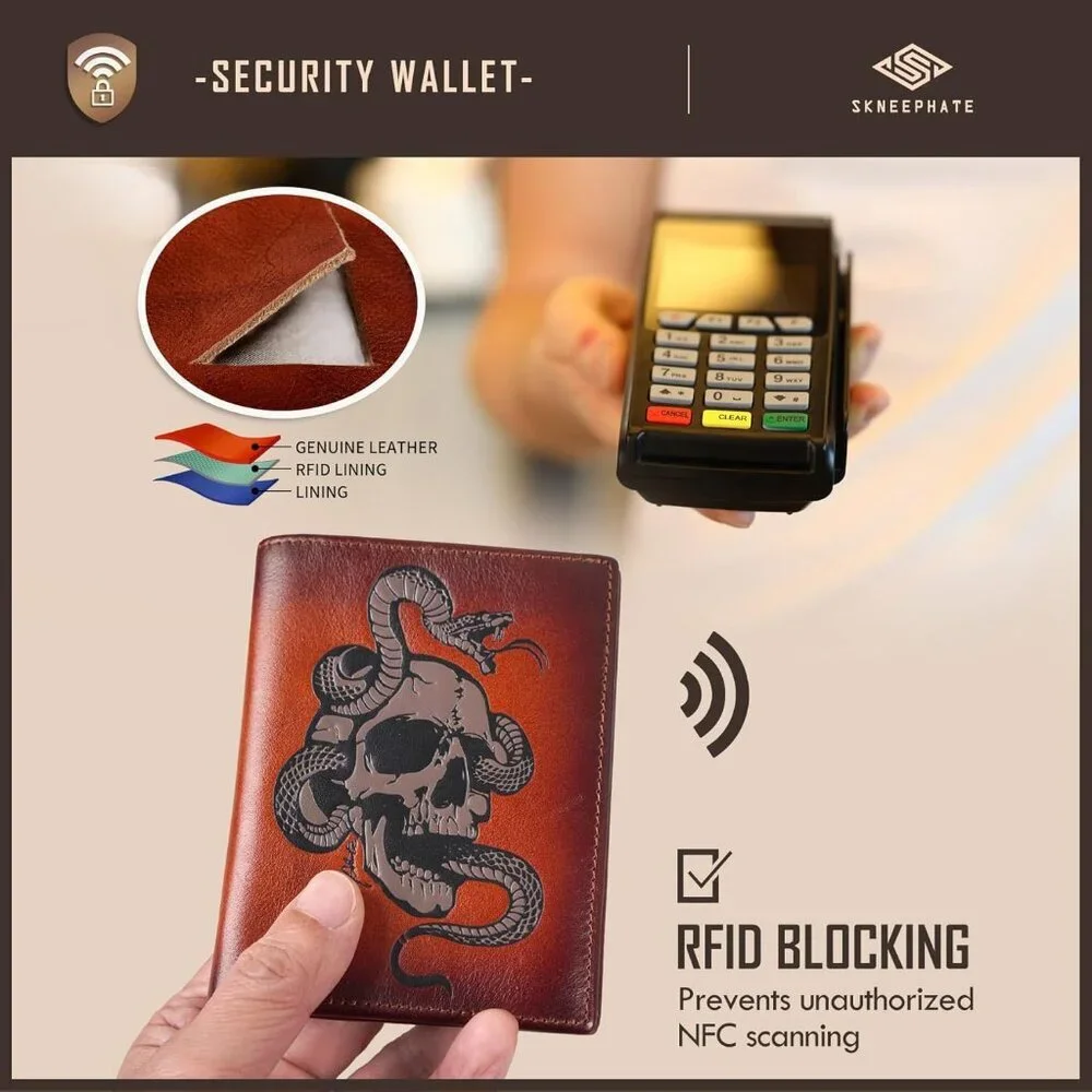 Men's Brown Bi Fold,skull Vertical,rfid Blocking Retro Skull Wallet Leather